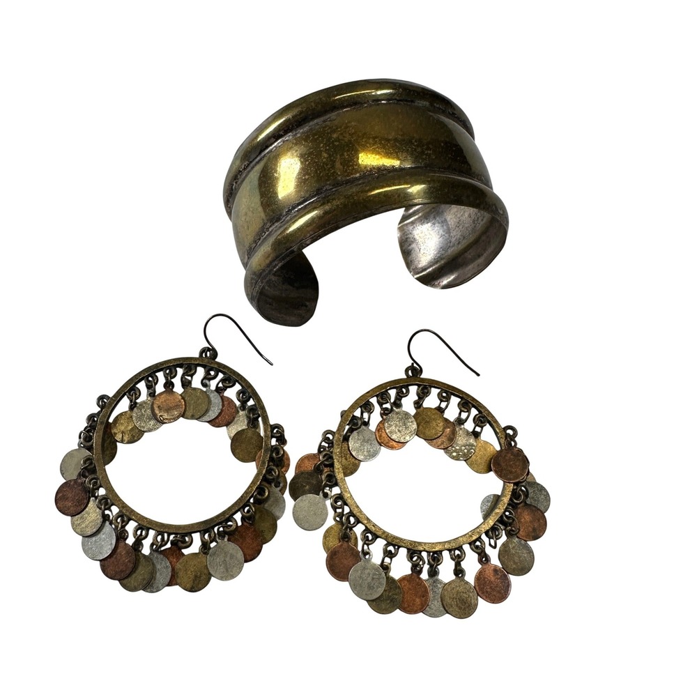 Vintage Solid Brass Cuff Bracelet and Mixed Metal Coin Hoop Earrings Set India
